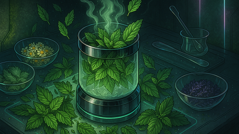 mint leaves being boiled with some other leaves overflowing from the transparent glass
