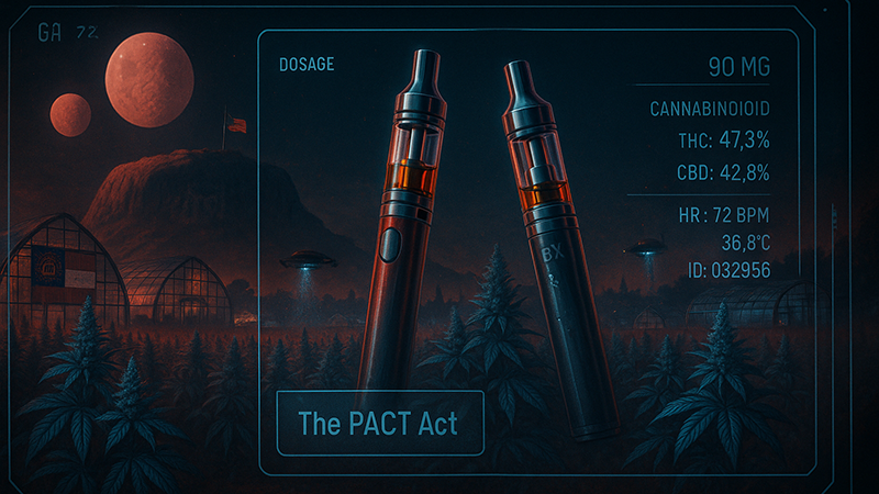 Delta-8 vapes being scanned in a photorealistic sci fi theme