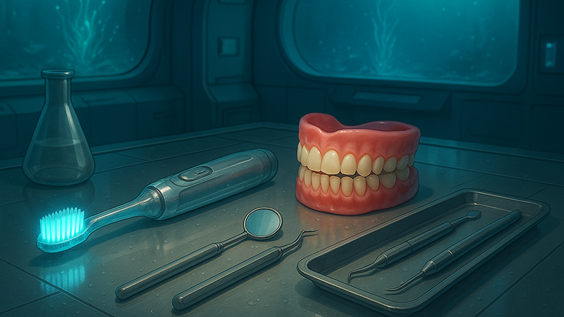 CBGA extracts on a cask with a mouth model and dentistry tools next to it