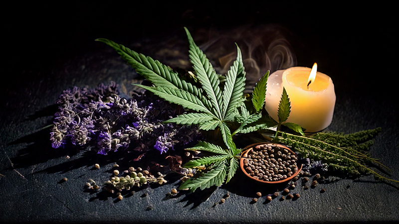 Cannabis leaves and buds next to a candle.