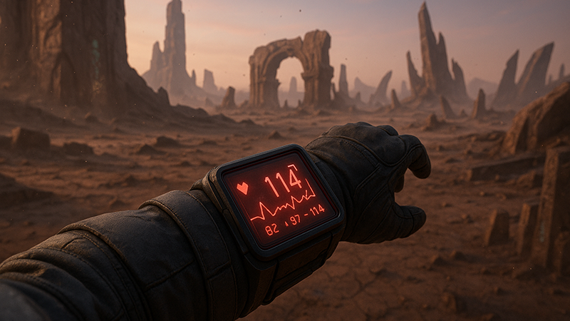 A spaceman checking for his vital signs while running