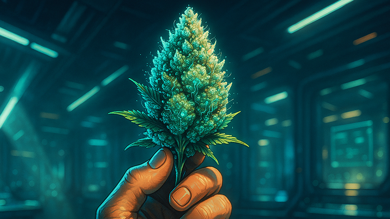 A cannabis bud held by a scientist for closer inspection