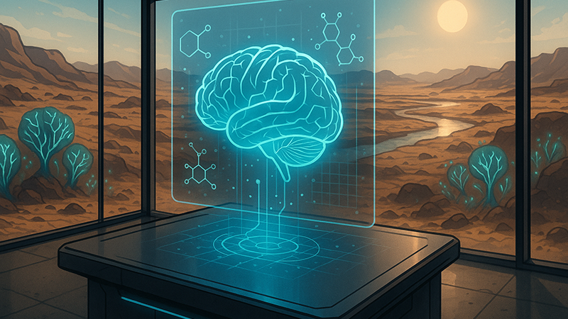 A hologram image of the brain with the chemical structure of CBC
