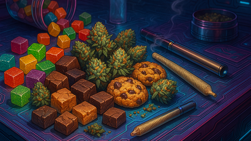 Different kinds of cannabis edibles all placed next to each other