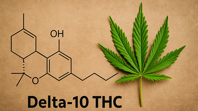 Delta 10 THC chemical structure next to a cannabis leaf