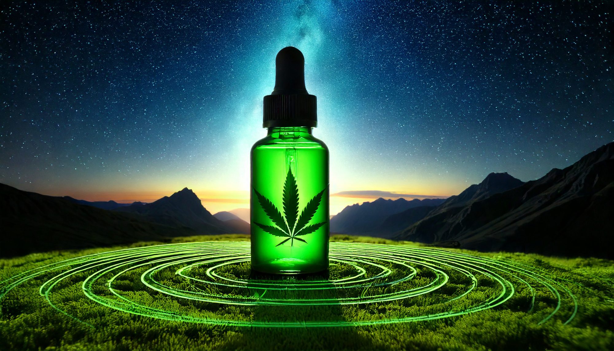 CBD oil bottle with a cannabis leaf inside it