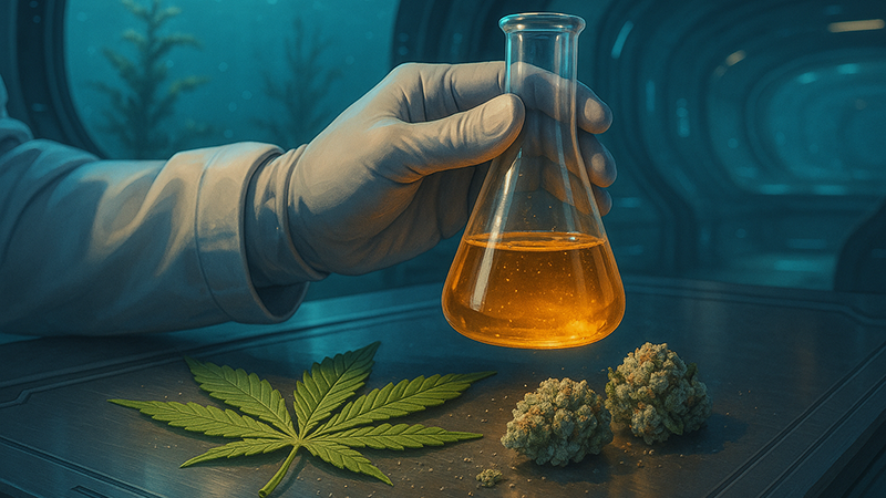 A scientist holding a CBGA oil with cannabis plants and buds on top of a table