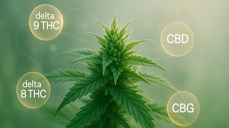 Cannabis leaf with cannabinoids in a bubble surrounding it