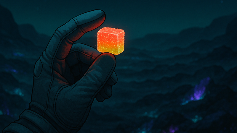 A yellow and orange edible being held by an astronaut