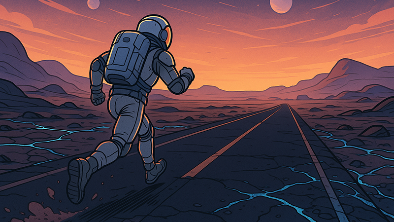 A scifi themed image of an astronaut running on a highway