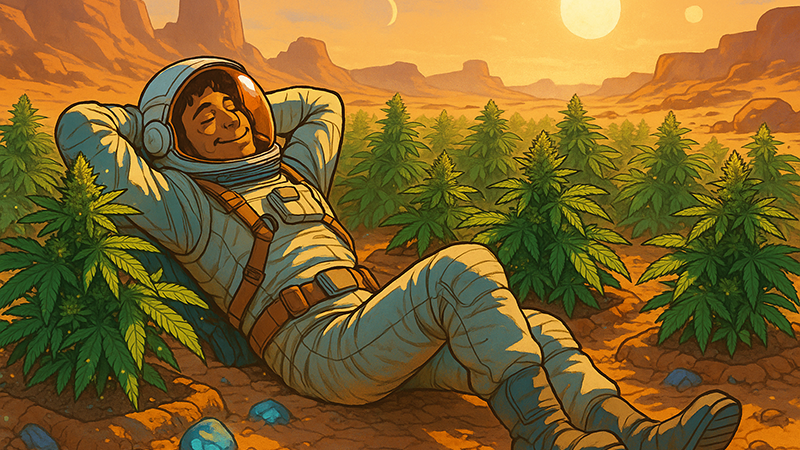 A scifi themed image of an astronaut lying in a plantation of cannabis plants