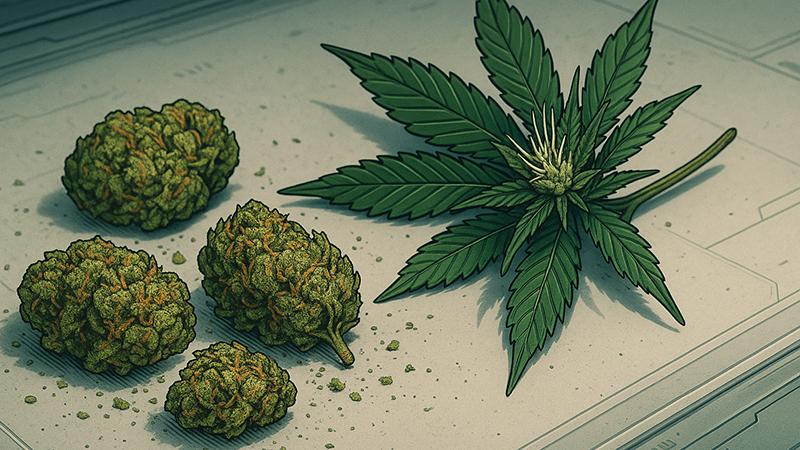 marijuana leaves and buds placed on top of a white table