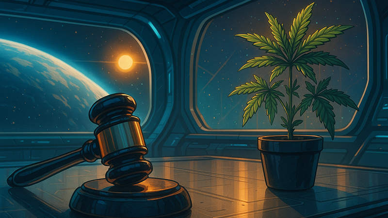 Scifi themed image of a cannabis plant with the hammer and gavel for decriminalization