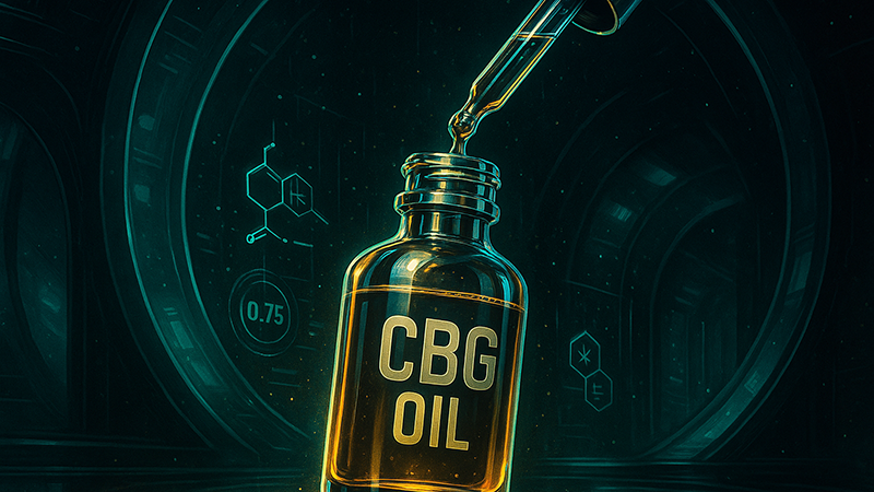 Transparent CBG Oil bottle with chemical structures on the background