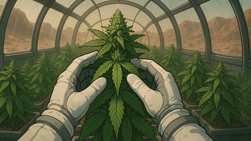 An astronaut checking out the leaves from a cannabis plantation