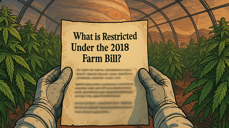 A scifi styled image of the farm bill being read by a scientist inside a cannabis plantation dome