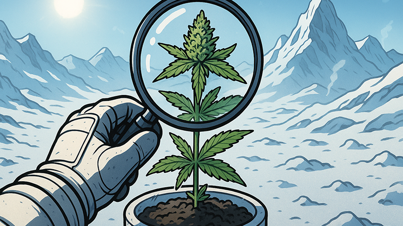 A scientist in winter suit checking out a cannabis plant