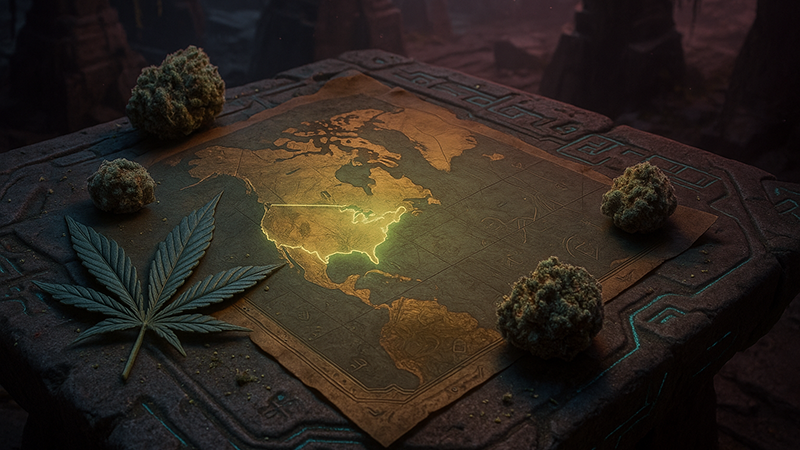 The map of USA on a table with cannabis buds and leaves surrounding it.