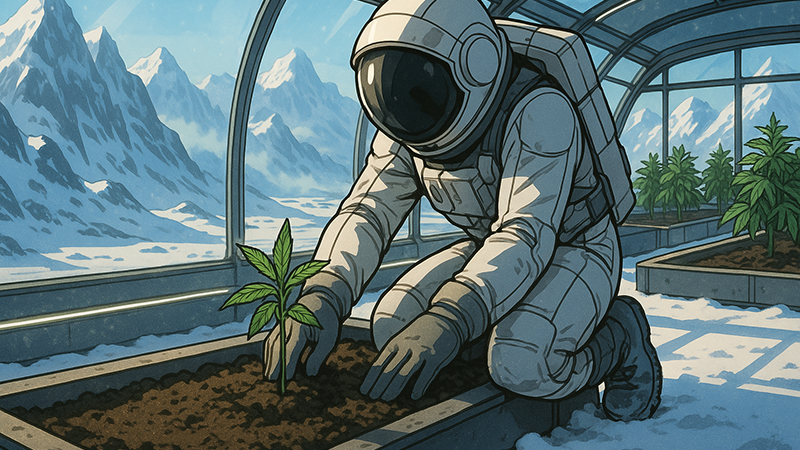 An astronaut planting a cannabis plant where thcc comes from