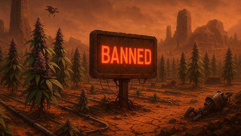 Cannabis plantation with a banned warning sign