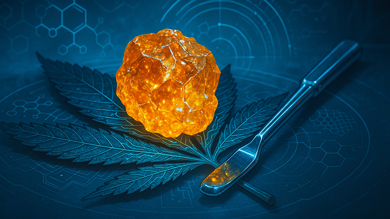 Live resin on top of a cannabis leaf next to a stainless spoon