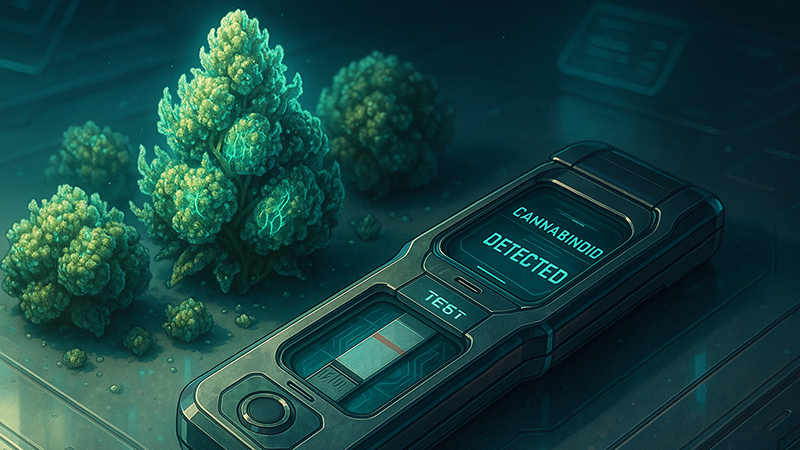 A drug test portable checker next to cannabis buds