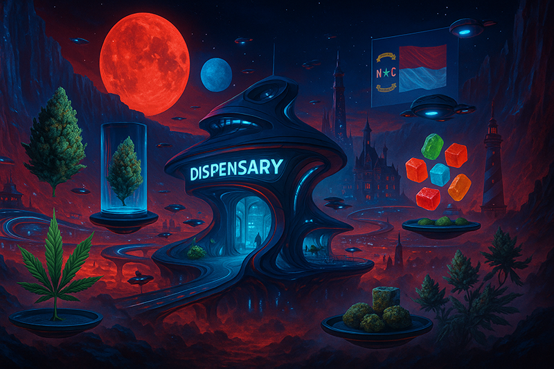 Illustration of a cannabis dispensary in North Carolina that's open 24/7