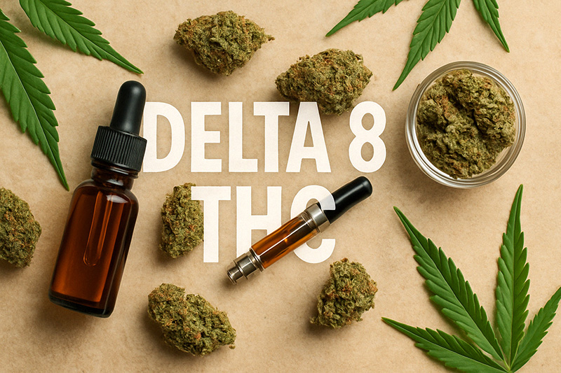 Cannabis buds, leaves and delta 8 products with the word Delta 9 THC in the middle