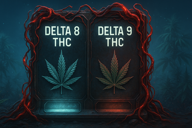cannabis leaves tagged with Delta-8 and delta-9 placed next to each other.