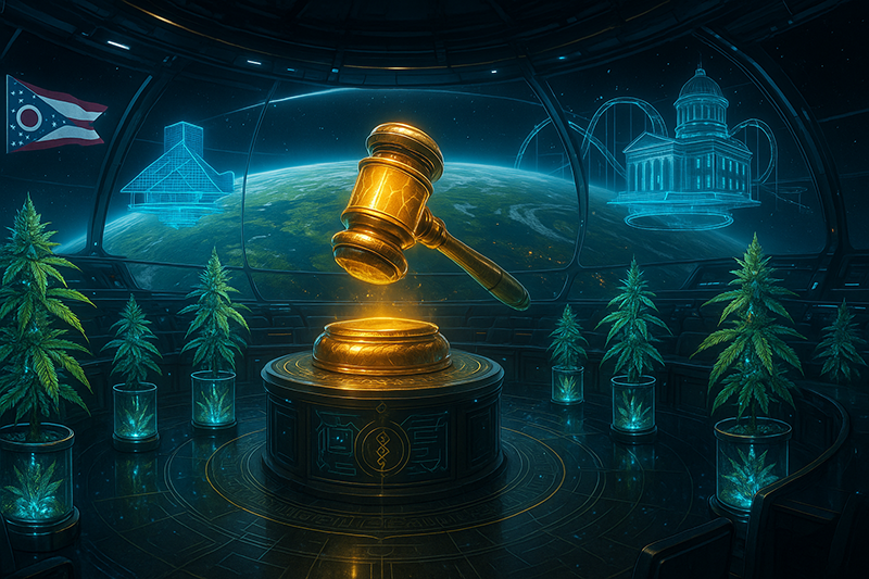 A golden gavel and hammer with cannabis plants surrounding it in a photorealistic sci fi theme