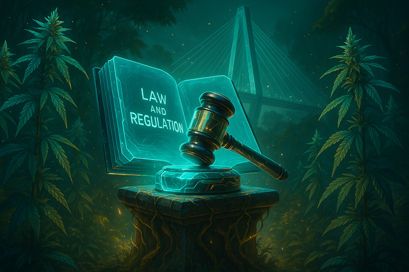 A book about law and regulation next to a gavel and hammer with cannabis plants surrounding them