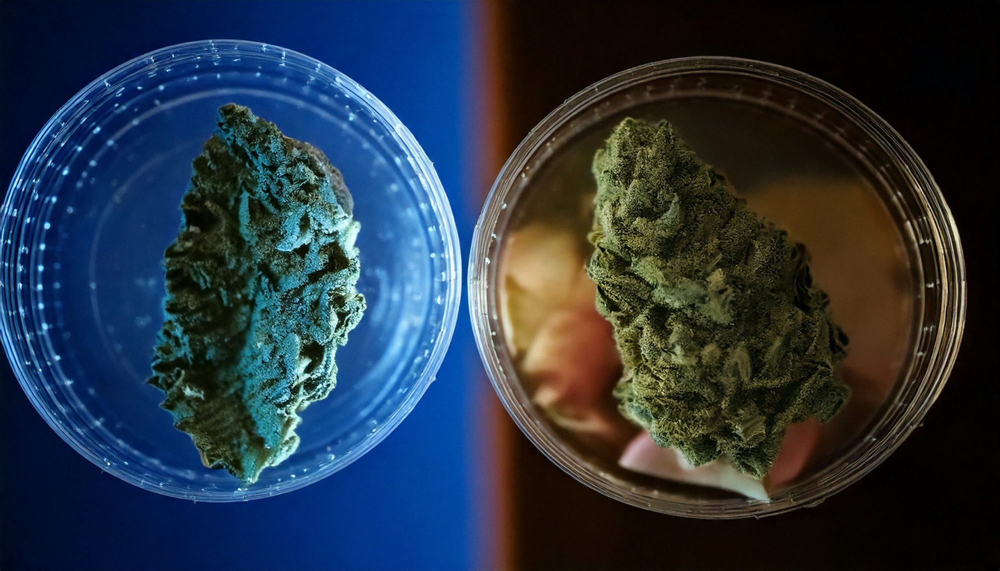 Two cannabis buds representing delta 8 and delta 9