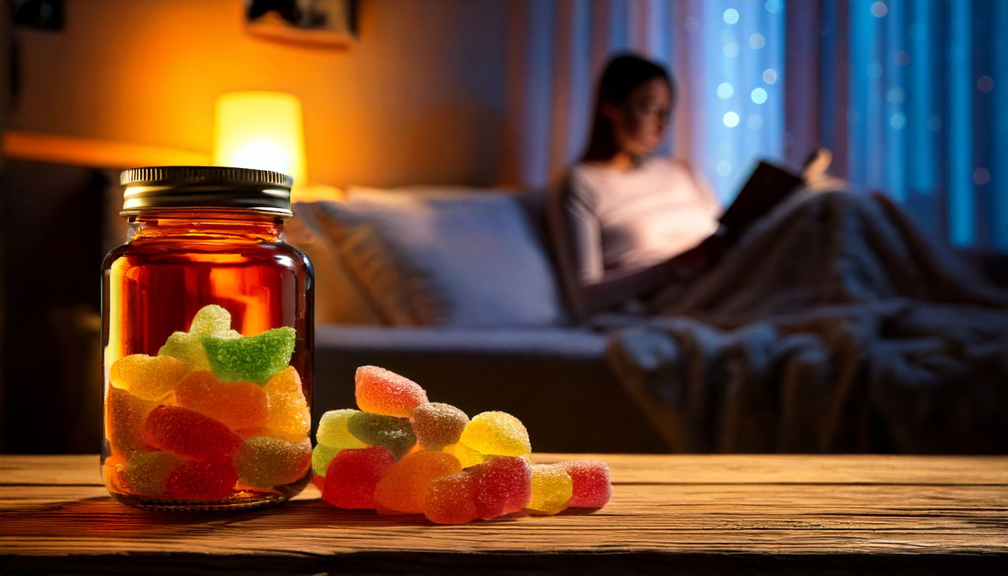 Full spectrum and isolate gummies next to a girl who's about to sleep