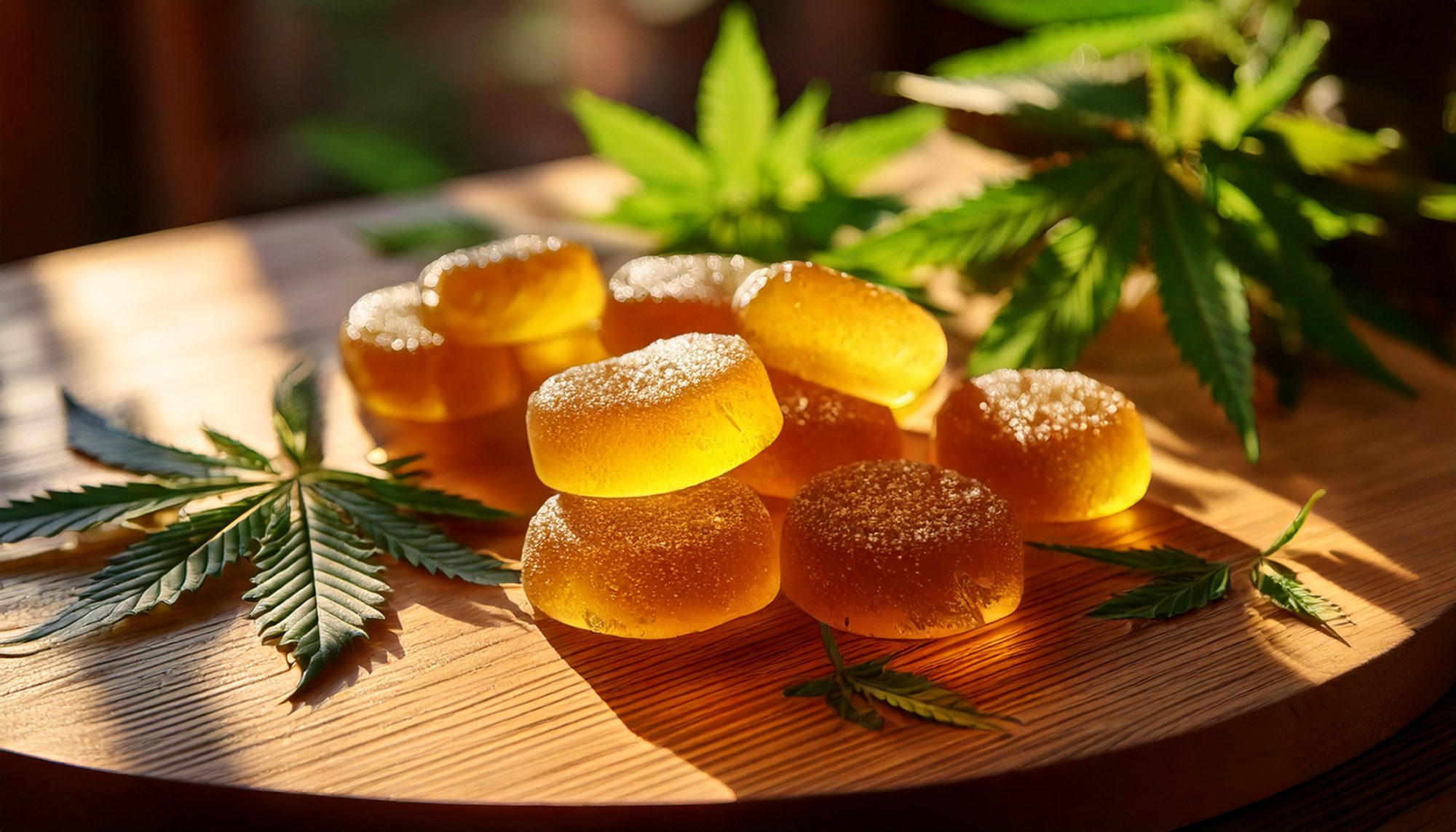 THCV gummies on a table full of cannabis leaves