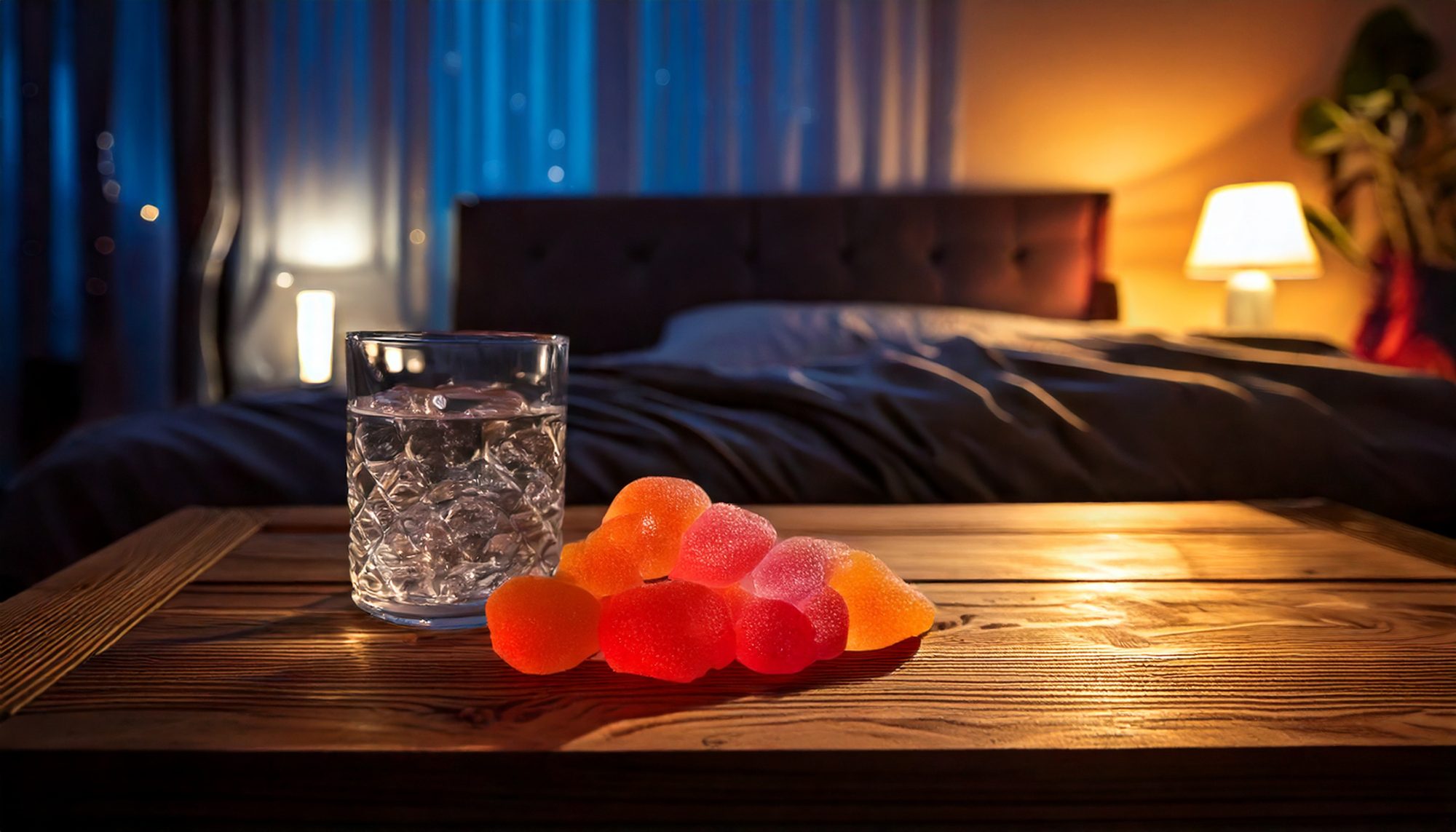 sleep gummies next to a glass of water in a table next to a bed