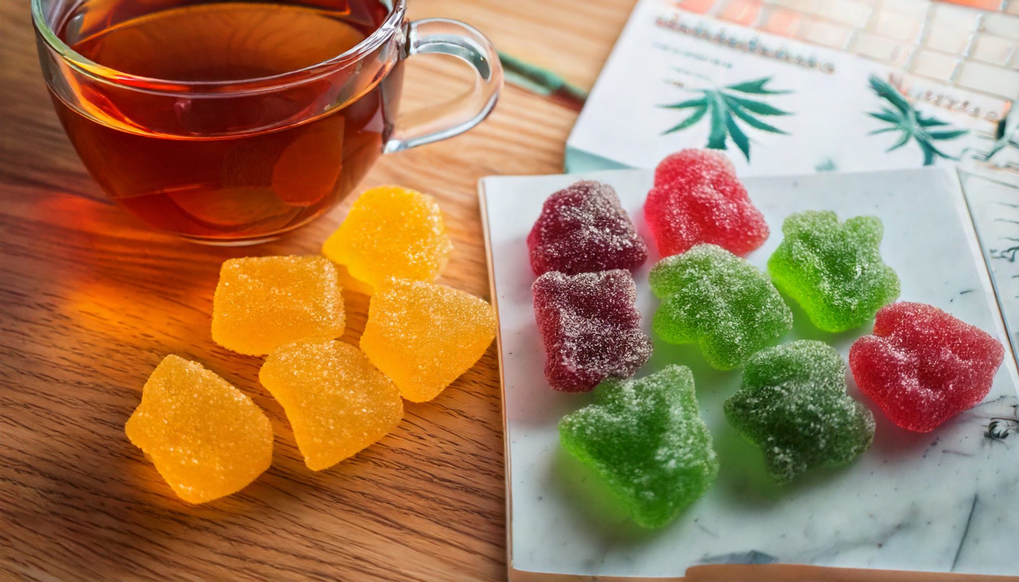 THC and CBD gummies on a table