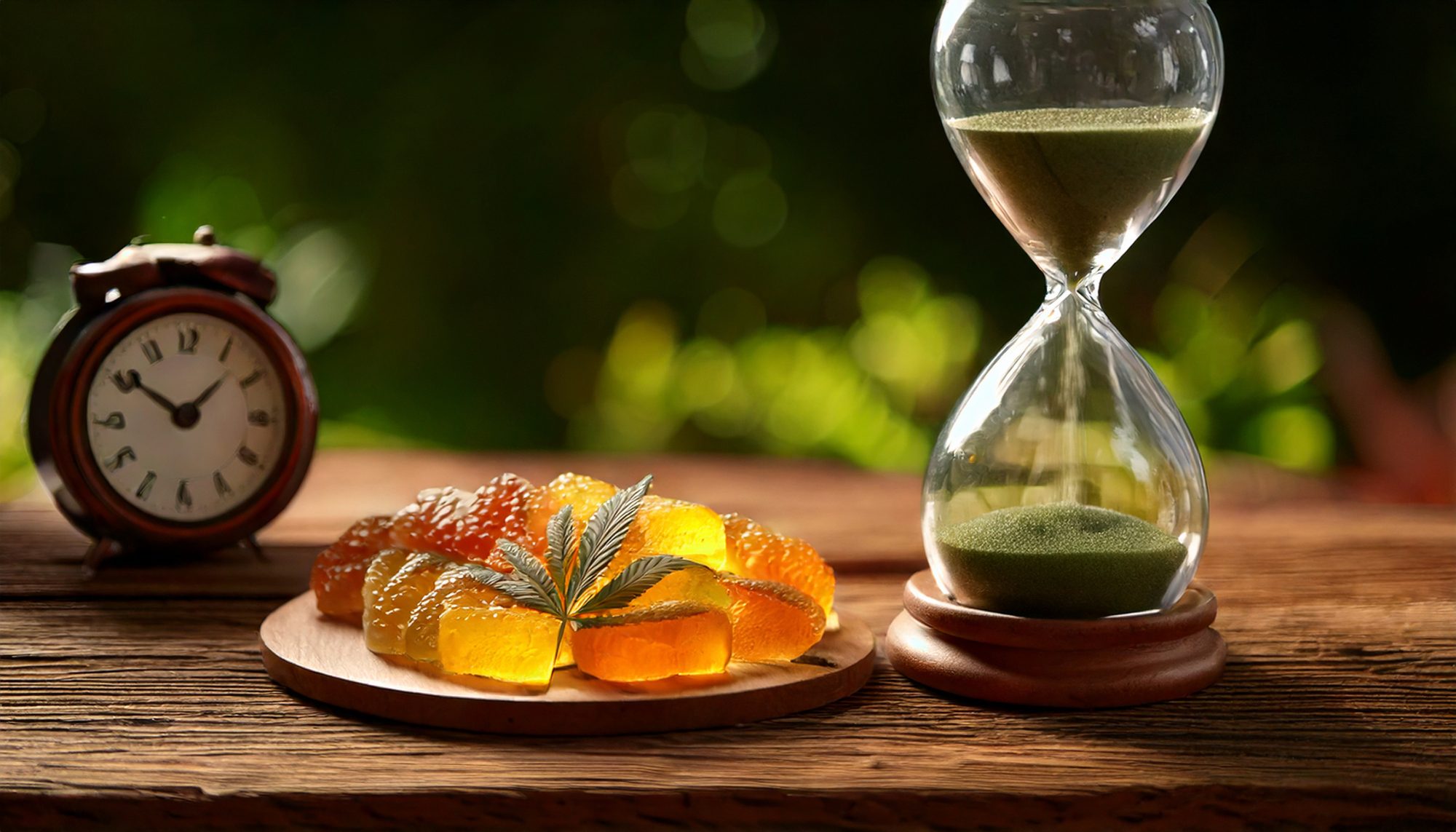 CBD gummies with an hourglass and a clock