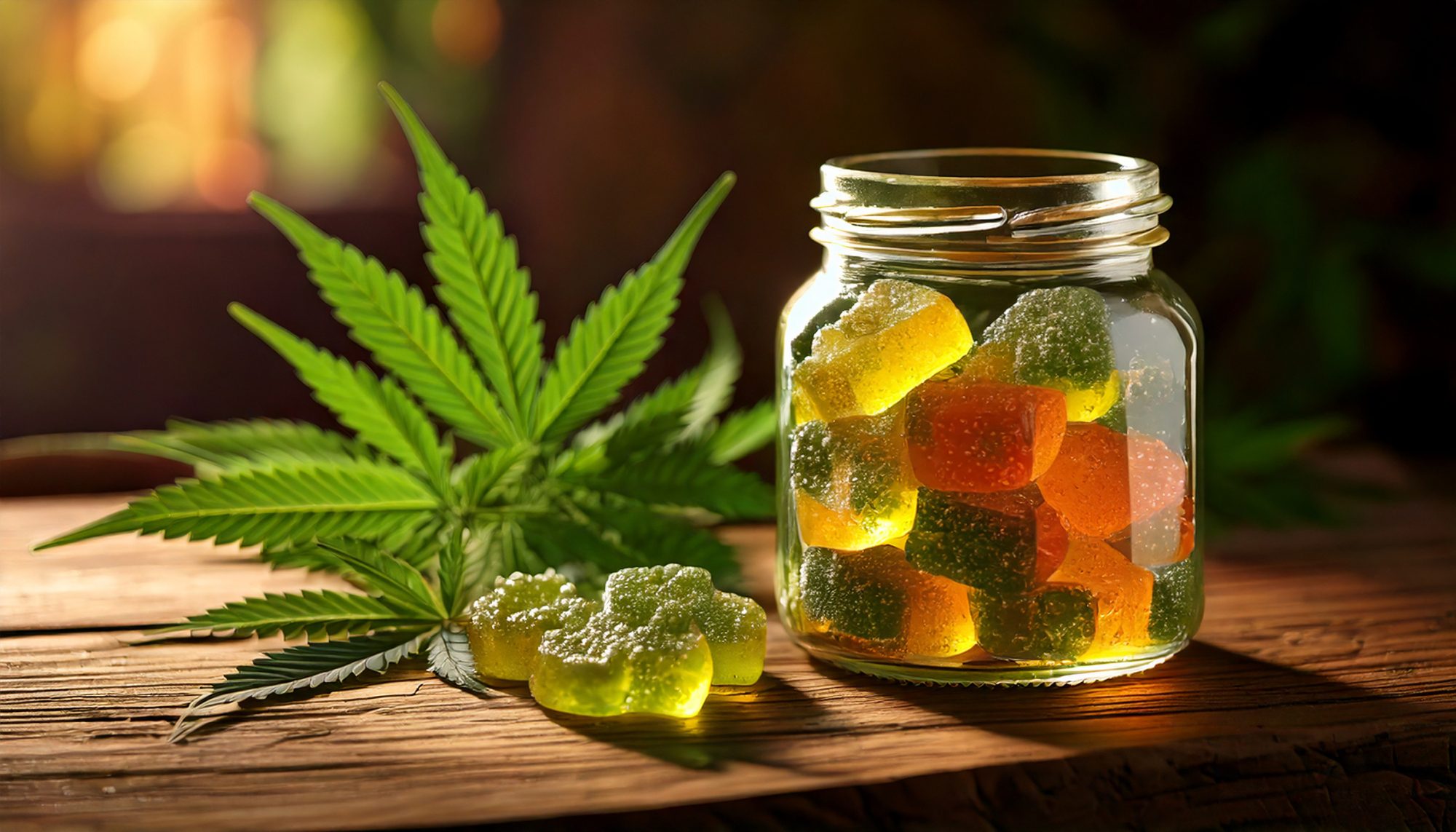 Full spectrum CBD gummies on top of a table with cannabis leaves next to it