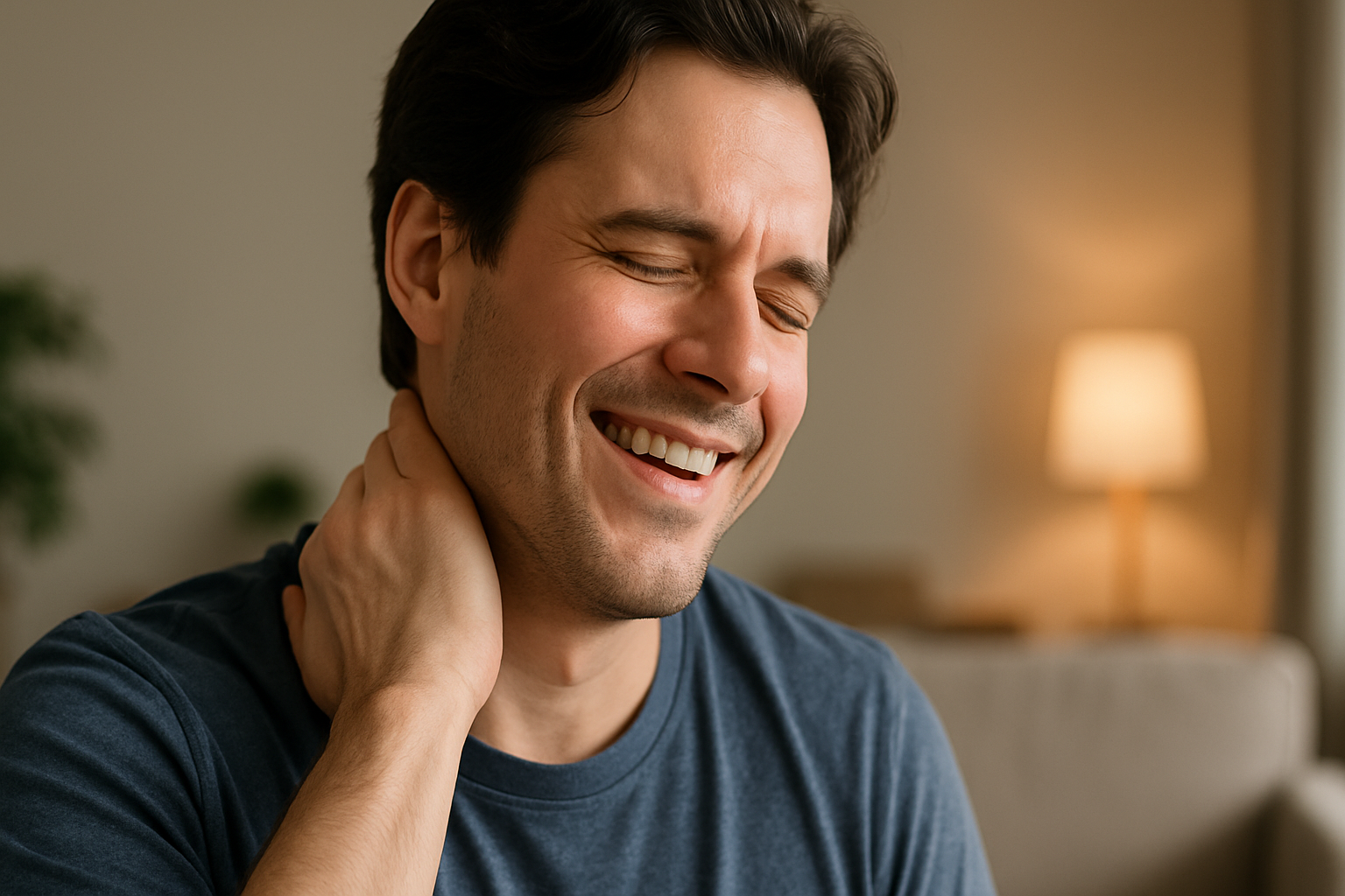 A guy holding his nape after getting pain relief from CBD gummies