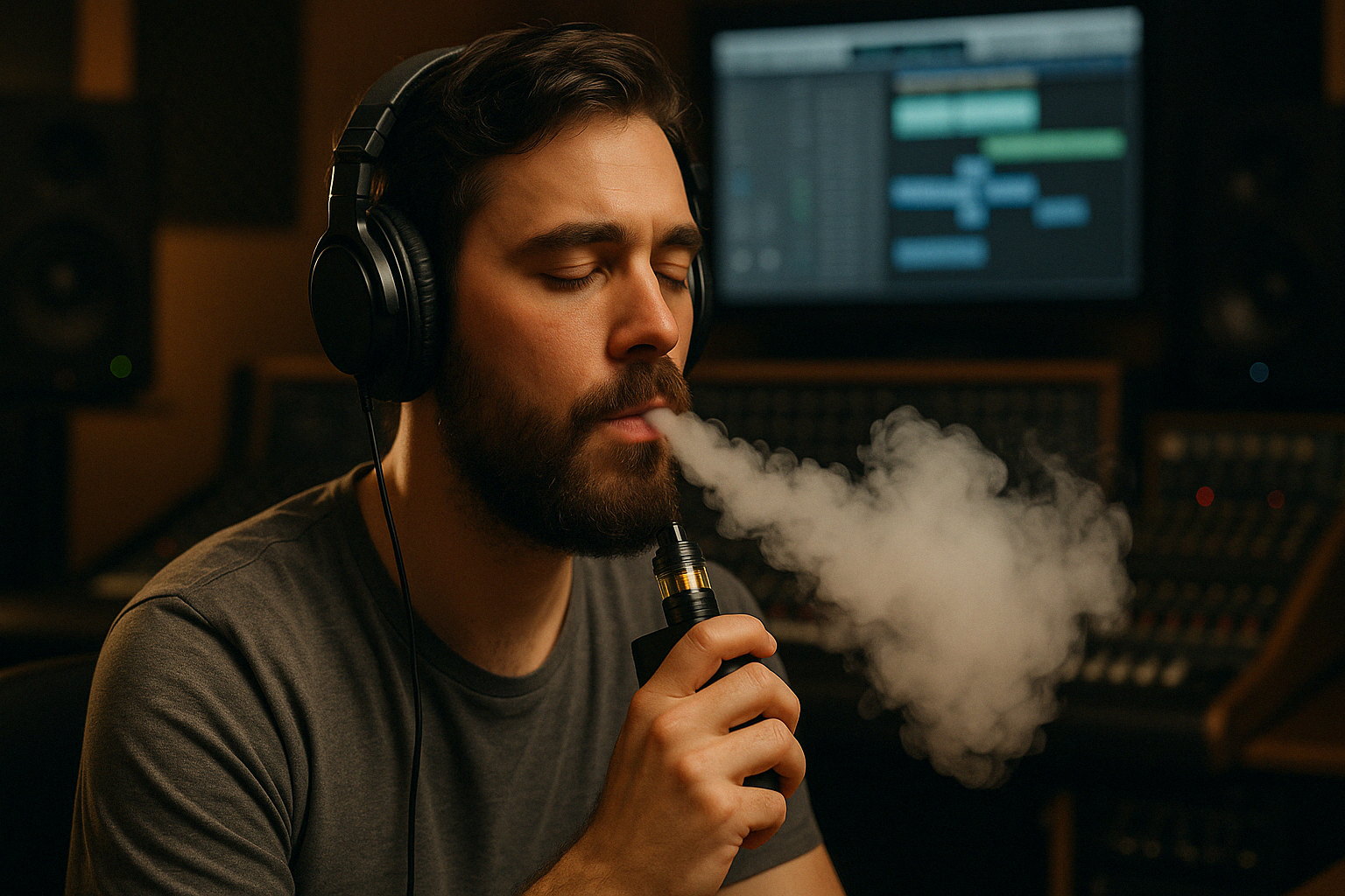 A guy listening to music while vaping