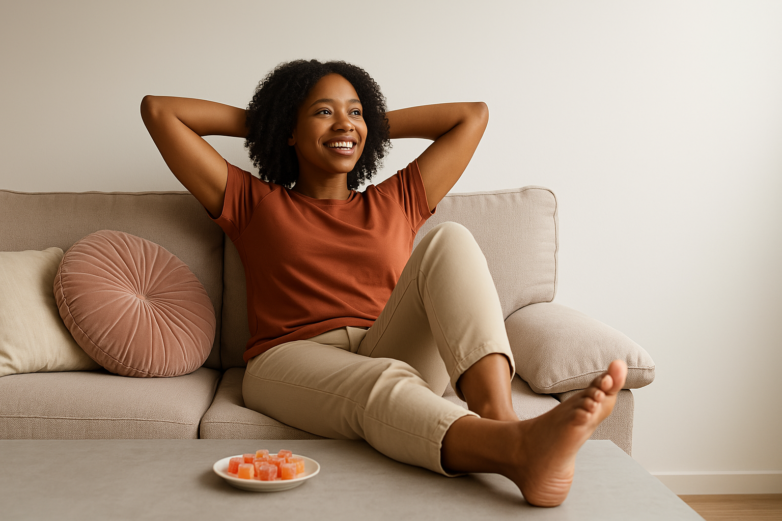 A girl chilling in her living room after taking cbd gummies