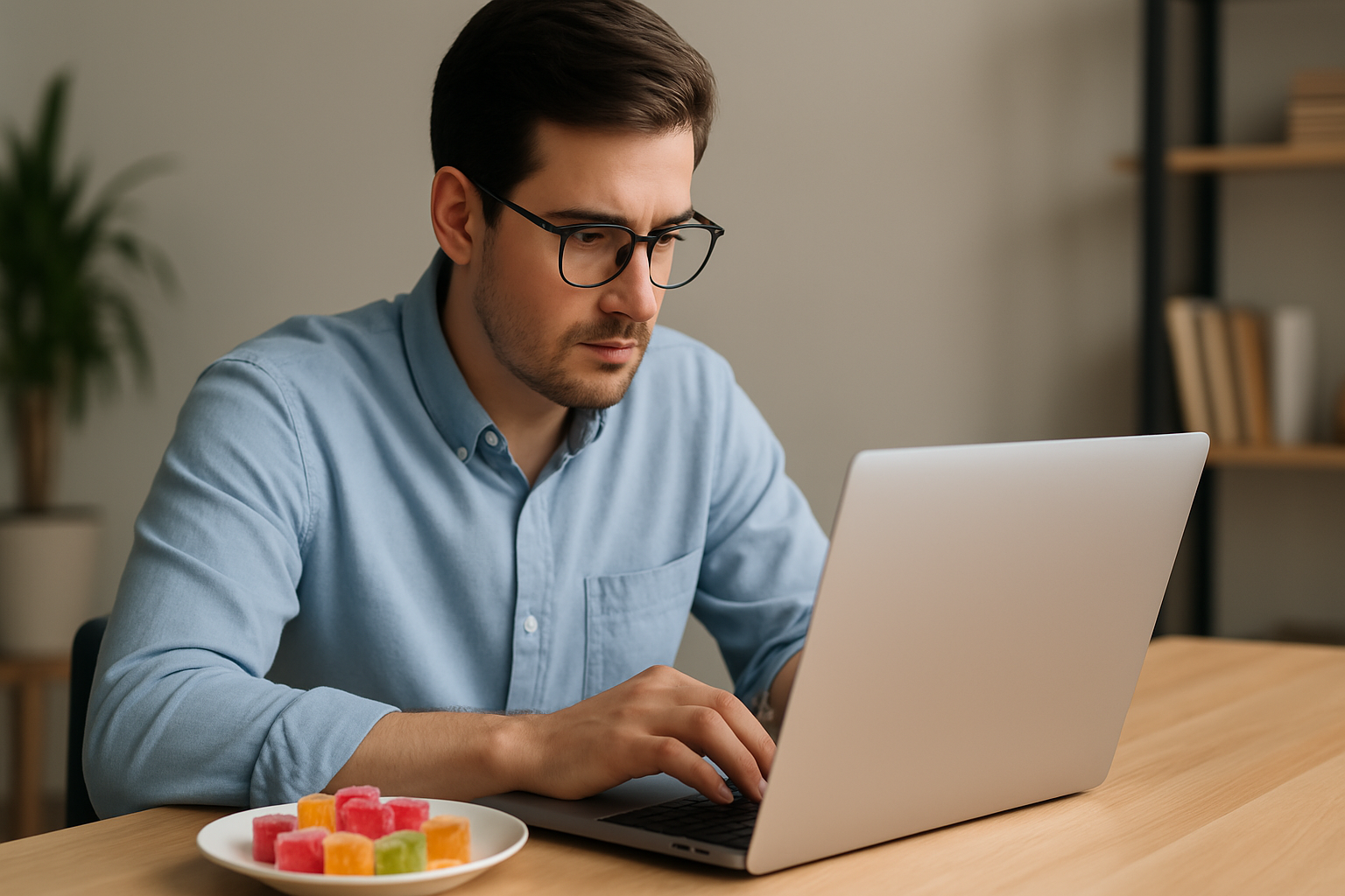 Delta 10 gummies with other cannabinoids on a plate with a guy focused on his laptop next to it.