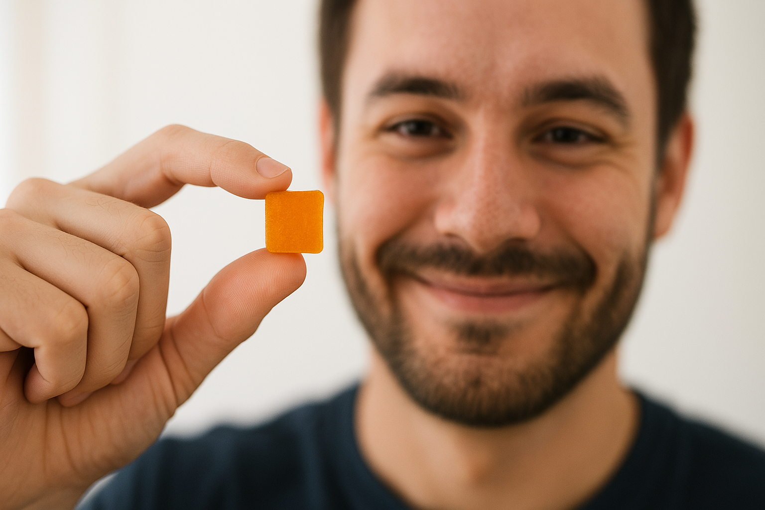 A middle-aged guy smiling while looking at the orange delta-10 gummy that he's holding