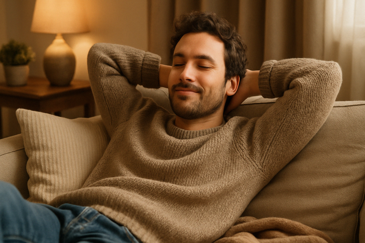 A guy feeling relaxed on the living room after using an indica vape