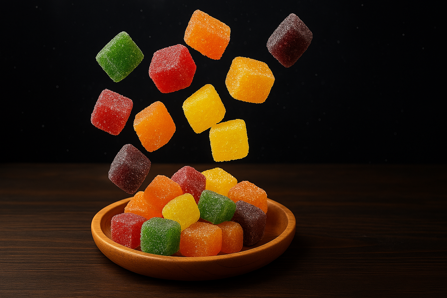 Different colored cannabis edibles poured in a wooden bowl