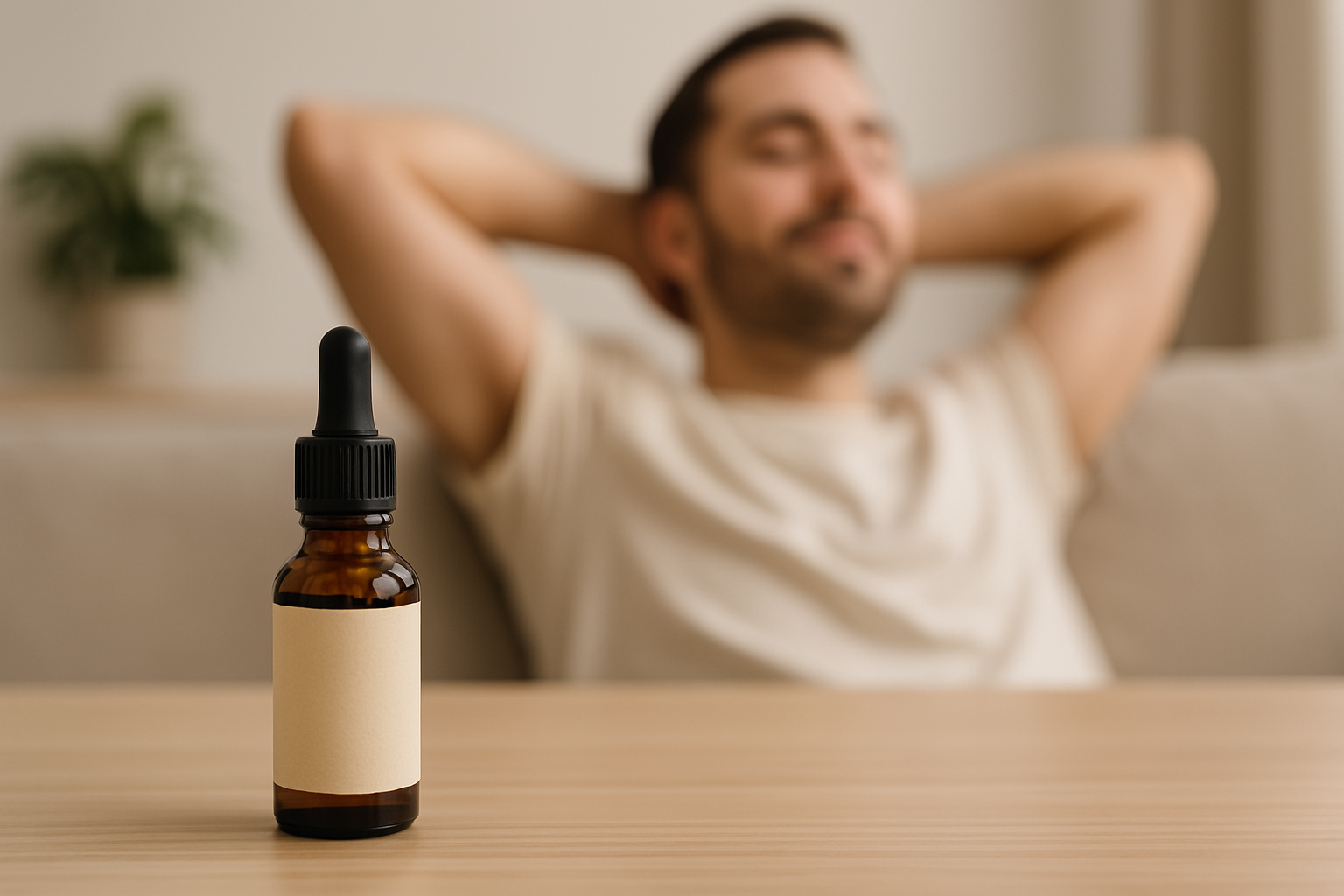CBD oil on a table with a guy relaxing in the background