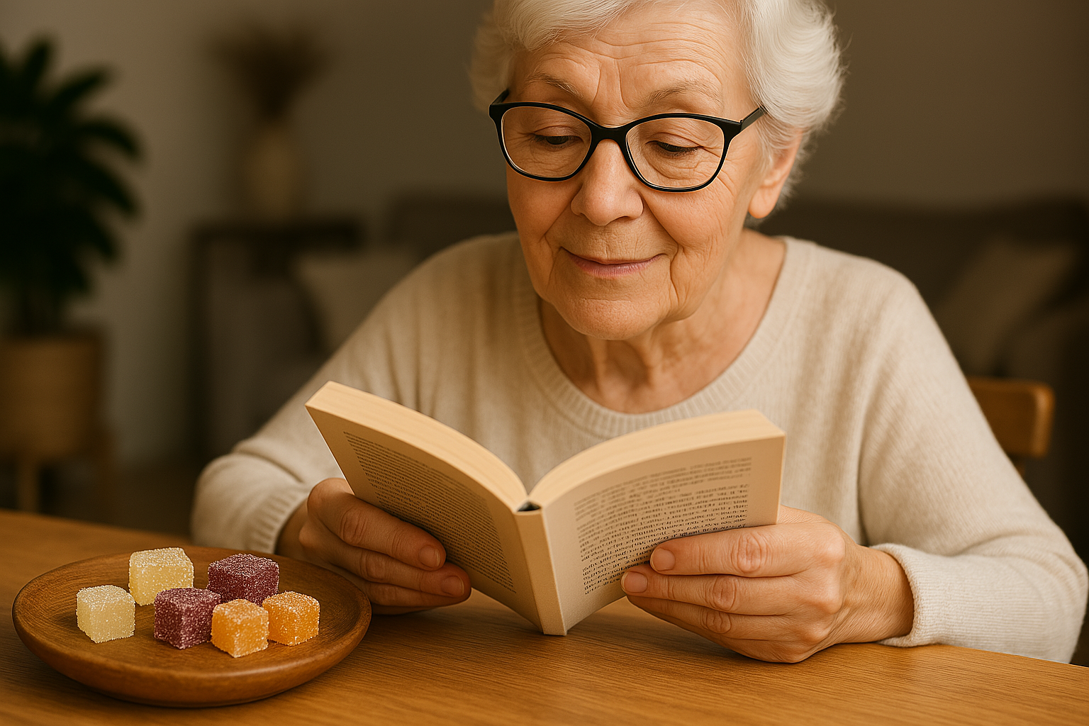 An old woman focused on reading her book after taking one focus gummy