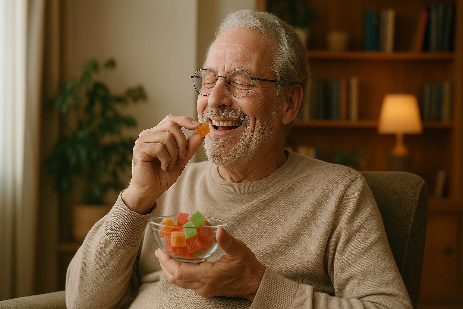Live resin gummies being enjoyed by an elderly man