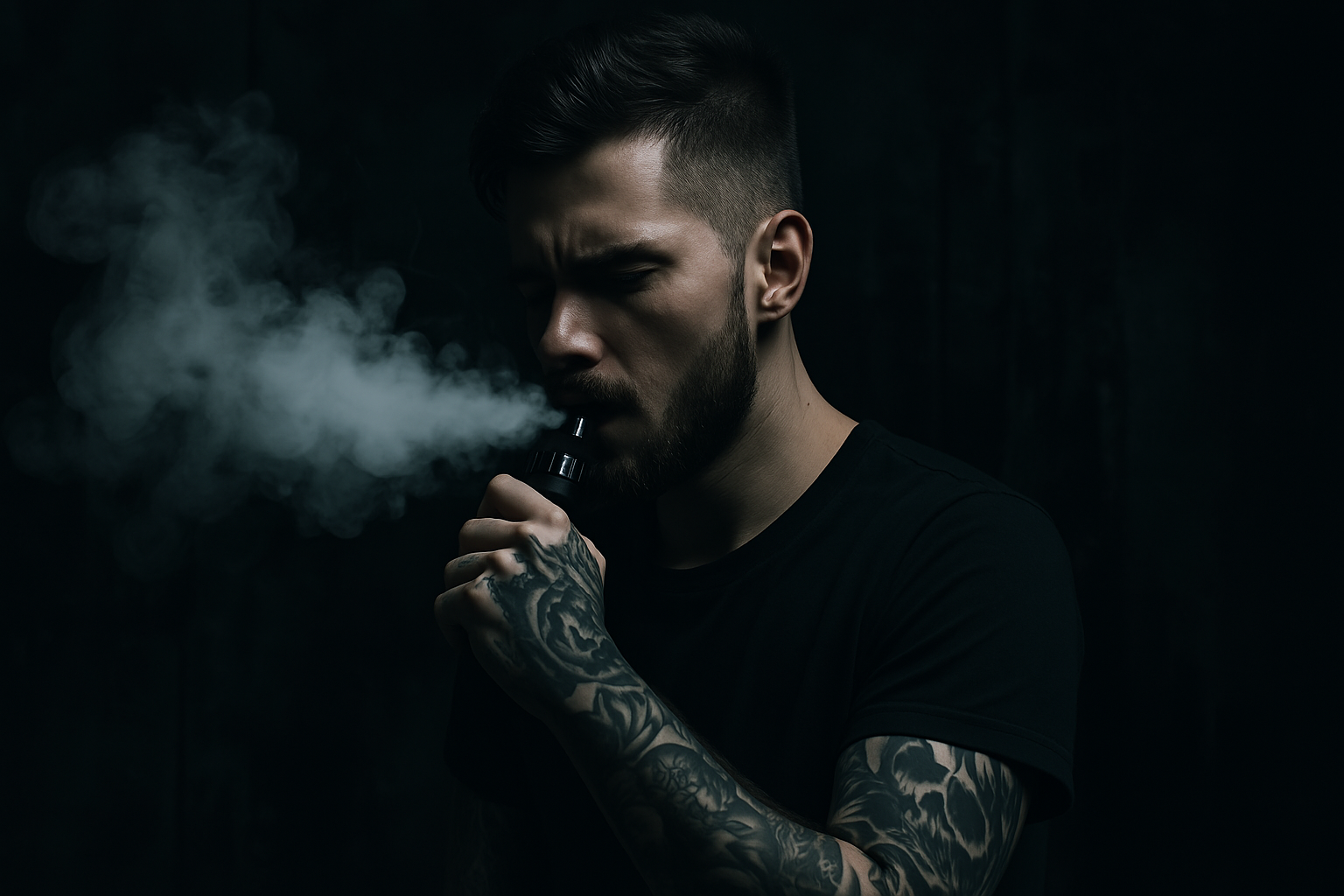 A guy blowing smoke from his vape with live resin