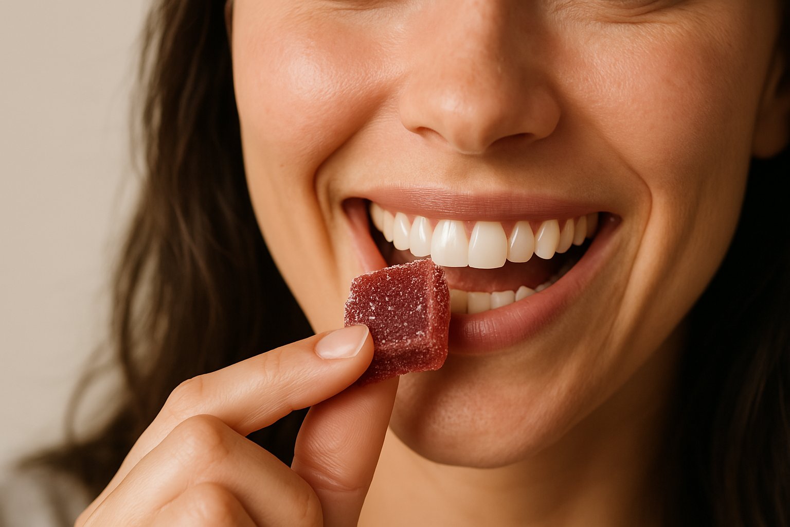 A girl taking a THC gummy for mood boost